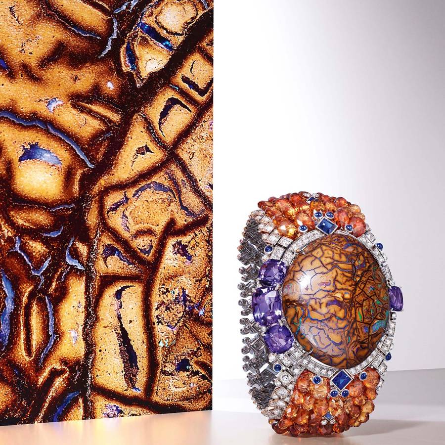 Cartier's "Zemia" bracelet from the "Magnitude" collection has a 77.27-carat matrix-opal centre, surrounded by blue and purple sapphires, garnets, and diamonds #SuzyJewels – Place Vendôme: Jewellers Change Settings – For Customers And Gemstones-10