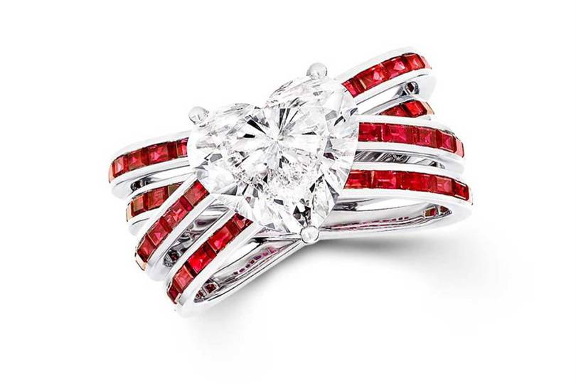 A heart-shape diamond ring with ruby baguettes from Graff's new entry-level "Kiss" range #SuzyJewels – Place Vendôme: Jewellers Change Settings – For Customers And Gemstones-12
