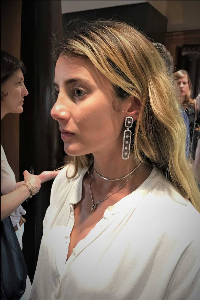 Lucrezia Buccellati, co-Creative Director of Buccellati, models her cricket-bat design for white-gold pendant earrings made using traditional Renaissance techniques #SuzyJewels – Place Vendôme: Jewellers Change Settings – For Customers And Gemstones-17