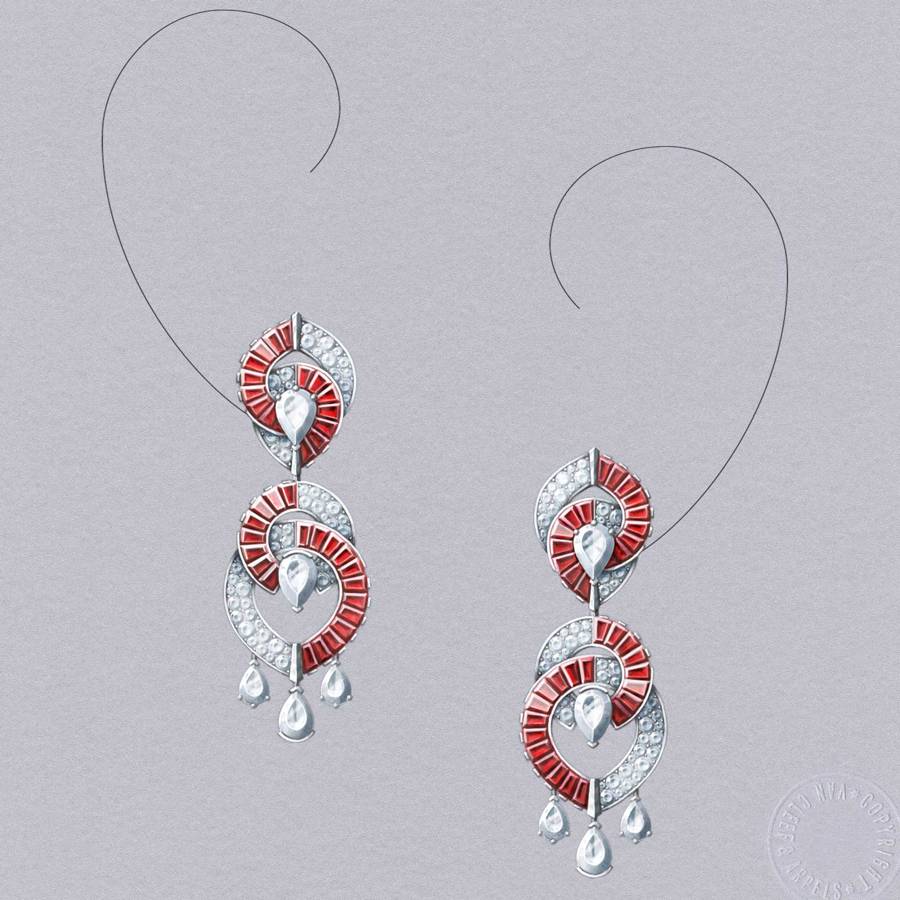 A gouache painting from Van Cleef & Arpel's Romeo and Juliet collection – the "Kiss At The Balcony" earrings, which feature removable pendants so they can be worn two ways #SuzyJewels – Place Vendôme: Jewellers Change Settings – For Customers And Gemstones-7